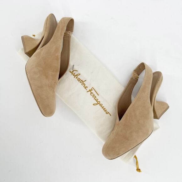 Salvatore Ferragamo Beige Tan Neutral Suede Sloane Slingback Mule size 6.5 - Picture 1 of 12